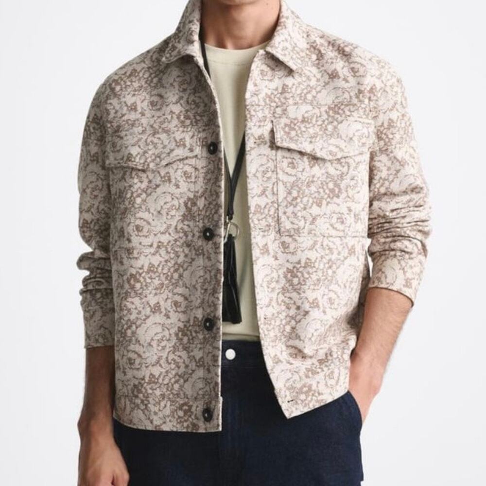 Zara Men's Brocade Jacquard Jacket Medium Neutral Beige